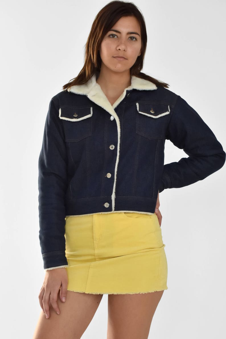 Vintage Denim Jean Jacket Faux Fur Lined Trim Japanese Cherry Blossom Bird Embroidered Patch Button Down Long Sleeve Warm Fall Winter Womens