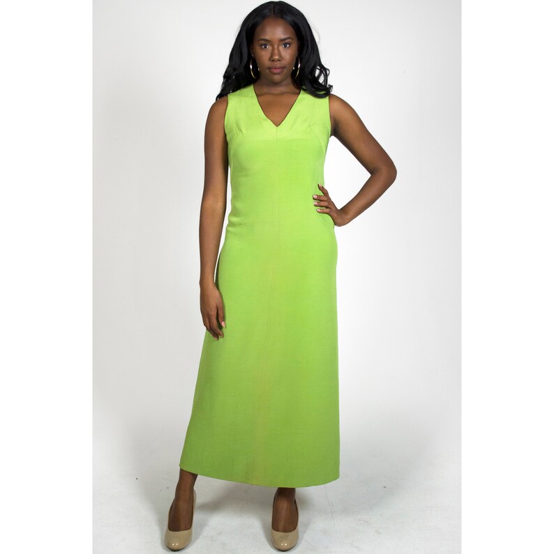 Vintage 1960s Bright Lime Green V-Neck Sleeveless Spring Summer Retro Wedding Guest Prom Formal Party Sheath Maxi Dress Women/'s Size Large