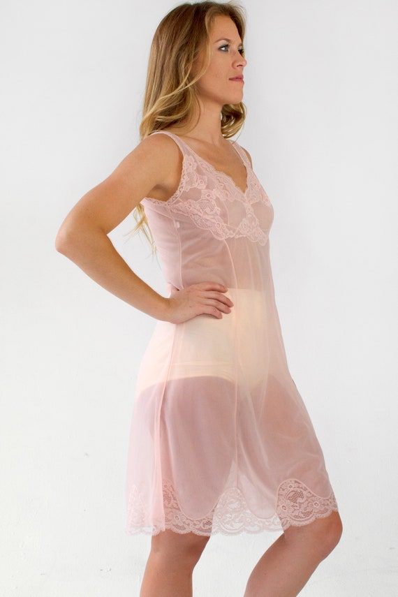 Vintage Lace Slip Dress Pink Sheer Negligee Linge… - image 4