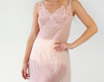 Vintage Lace Slip Dress Pink Sheer Negligee Lingerie Chemise Sleeveless Womens Retro Midi Loungewear Sleepwear Sexy Bridal Summer Size Small