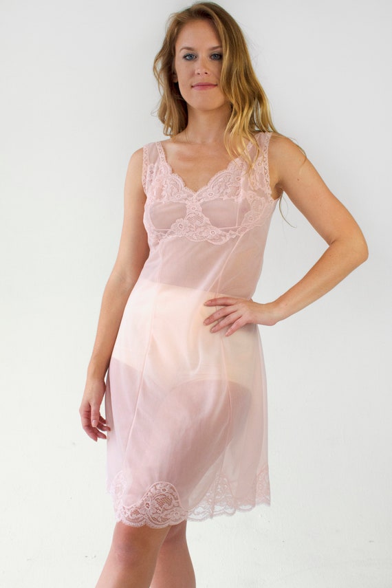 Vintage Lace Slip Dress Pink Sheer Negligee Linge… - image 1