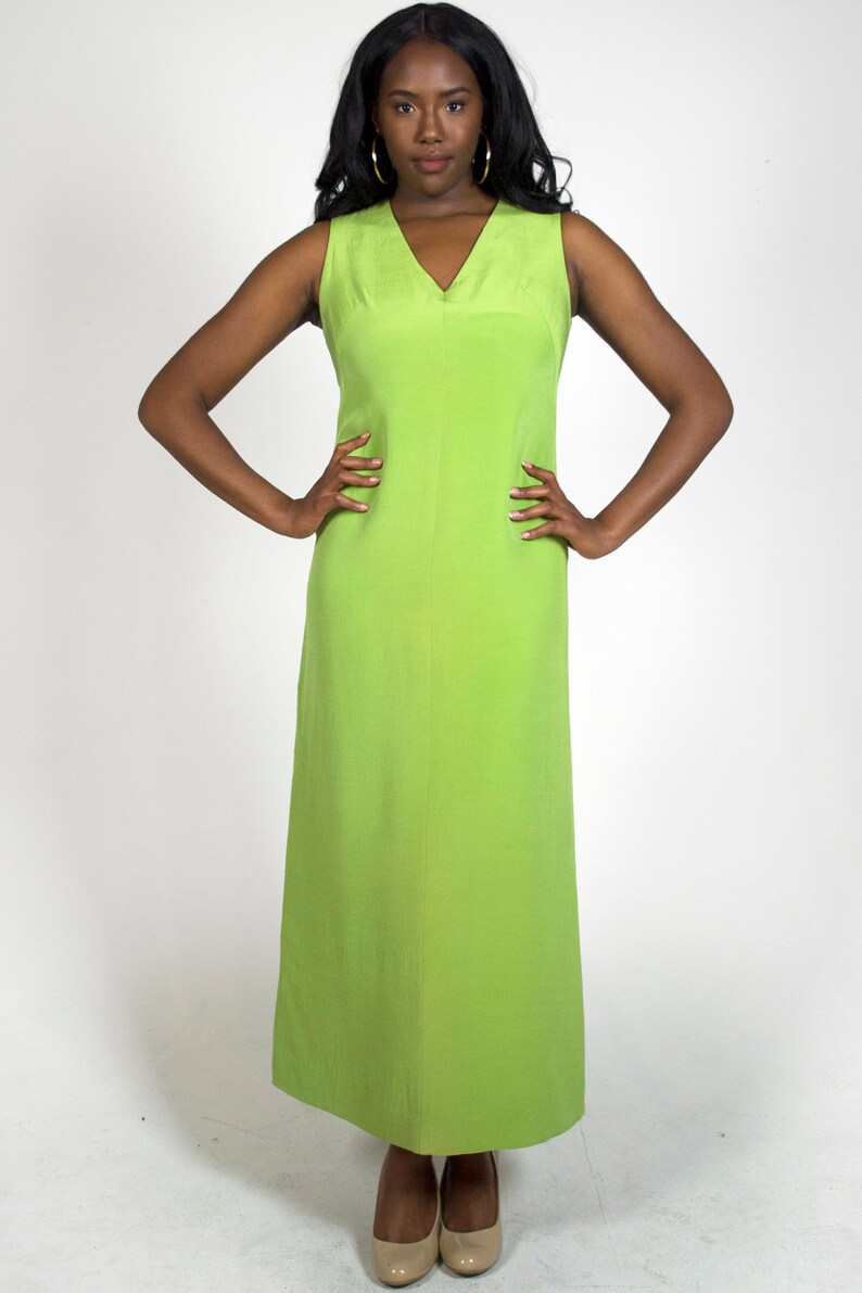 Vintage 1960s Bright Lime Green V-Neck Sleeveless Spring Summer Retro Wedding Guest Prom Formal Party Sheath Maxi Dress Women/'s Size Large