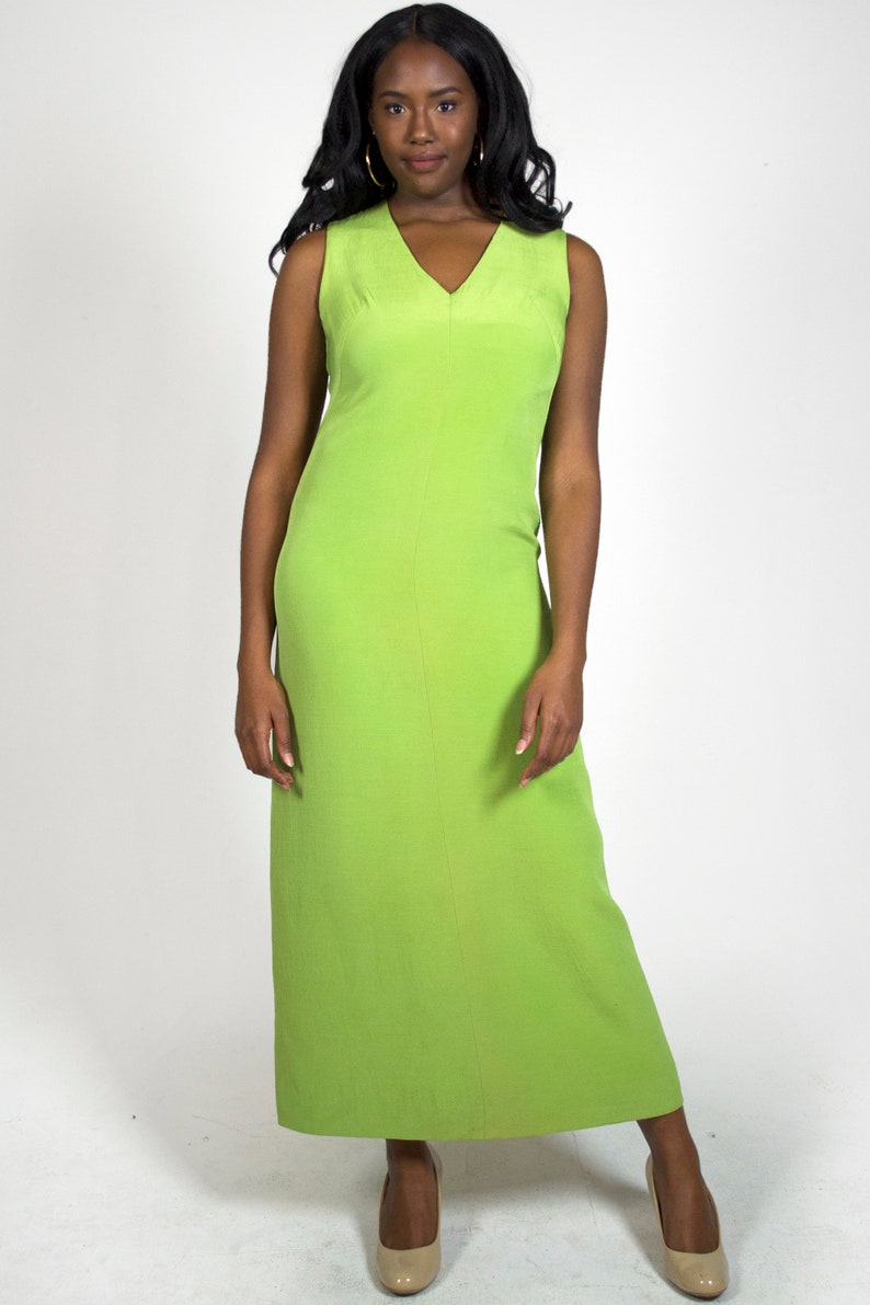 Vintage 1960s Bright Lime Green V-Neck Sleeveless Spring Summer Retro Wedding Guest Prom Formal Party Sheath Maxi Dress Women/'s Size Large