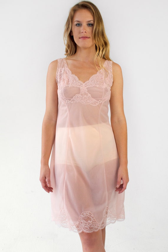 Vintage Lace Slip Dress Pink Sheer Negligee Linge… - image 2