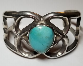 Vintage Navajo Turquoise and Sterling Tufa Cast Cuff Bracelet-1950's