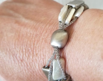 Vintage Frederic Duclos Sterling Silver and Mother-of-Pearl Bead Link Bracelet