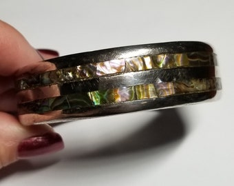 Beautiful 1950's Abalone and Sterling Bangle Bracelet-Mexico Designer