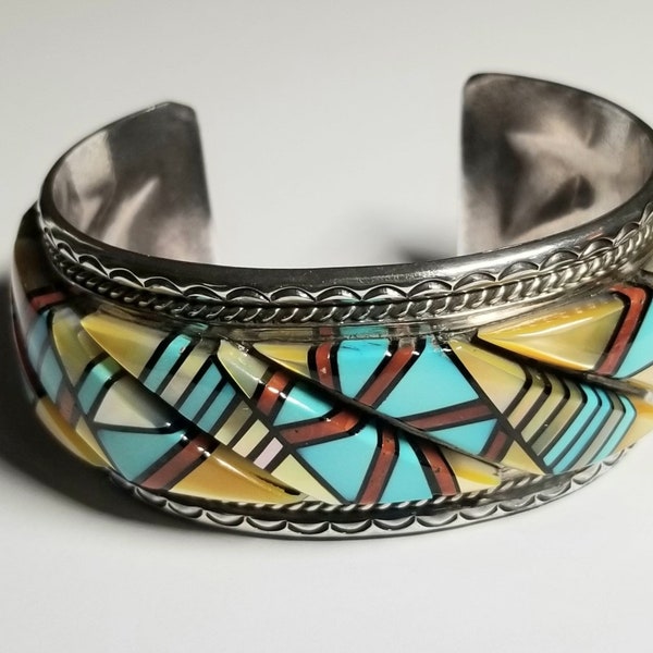 1980's Navajo Inlay Statement Bracelet-Signed-Original Receipt from Gilbert Ortega