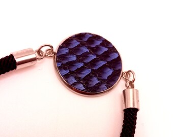 Black cord strap in blue salmon leather - adjustable - French manufacture
