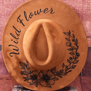 Wilde Blume Vegan Wildleder Gebrannte Hut,Fedora Hut, Cowboyhut mit breiter Krempe, Geschenke für Mutter Vater