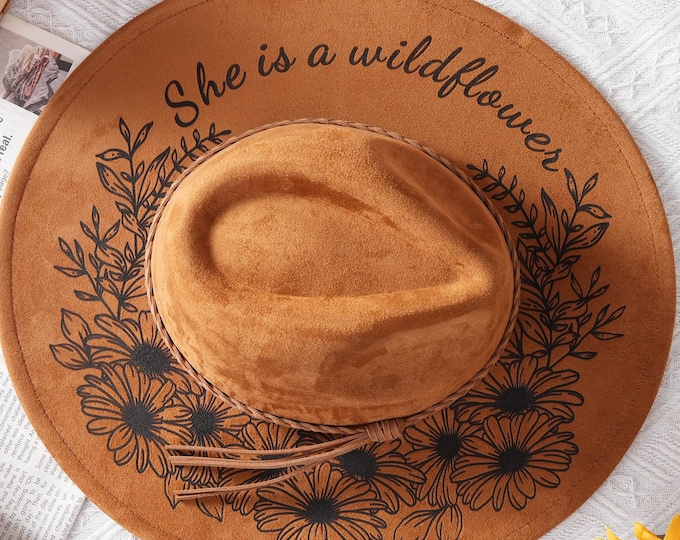 Vegan Suede Burned Hat,Customized Floral Western Style Cowboy Cowgirl Hats,She is a Wildflower,Fedora Hat, Wide Brim Hat,Gifts for Mother