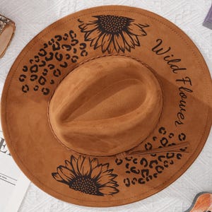 Leopard Sunflower Burned Hat, Vegan Suede Men Women Western Style Hat ,Wild Flower Custom Personalized LOGO ,Wide Brim Hat,Gifts for Her