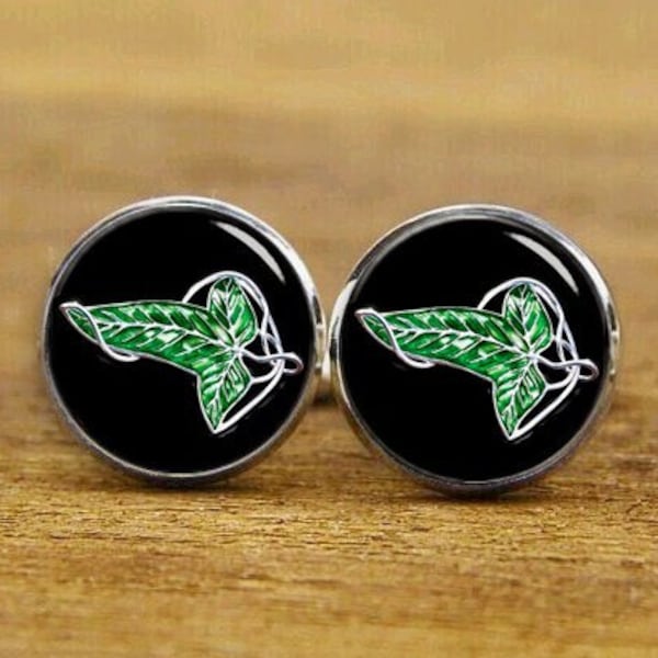 Gemelos de hoja verde, gemelos de hoja, gemelos de hoja de Lothlorien, gemelos personalizados, gemelos del equipo de padrinos, regalos de novio, clips de corbata