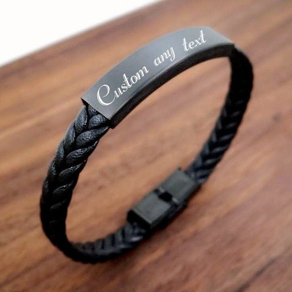 Custom Personalized Engraved Leather Bracelet, Custom Leather Woven Bracelet, Personalized Men's Bracelet. Braided Leather Bracelet Gifts