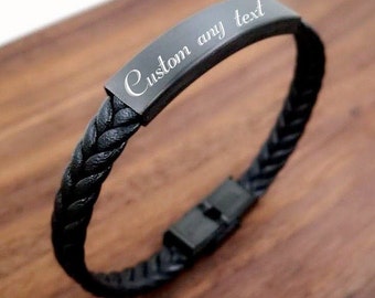 Custom Personalized Engraved Leather Bracelet, Custom Leather Woven Bracelet, Personalized Men's Bracelet. Braided Leather Bracelet Gifts