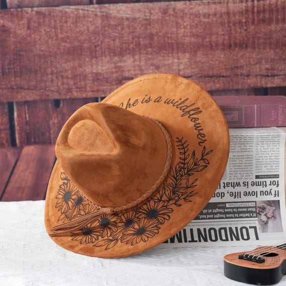 Personalized Vegan Suede Burned Hat, Floral Western Style Cowboy Cowgirl Hats,She is a Wildflower,Fedora Hat, Wide Brim Hat,Gifts for Mother