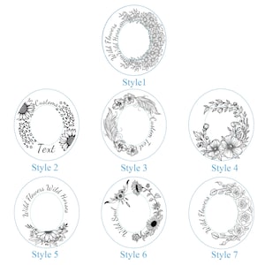 Peut inclure: Une collection de sept motifs circulaires avec des illustrations florales et botaniques. Chaque motif pr&eacute;sente un arrangement diff&eacute;rent de fleurs, de feuilles et d'&eacute;l&eacute;ments d&eacute;coratifs, avec du texte tel que "Wild Flowers" et "Custom Text".