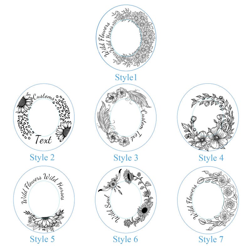 Peut inclure: Une collection de sept motifs circulaires avec des illustrations florales et botaniques. Chaque motif pr&eacute;sente un arrangement diff&eacute;rent de fleurs, de feuilles et d'&eacute;l&eacute;ments d&eacute;coratifs, avec du texte tel que "Wild Flowers" et "Custom Text".