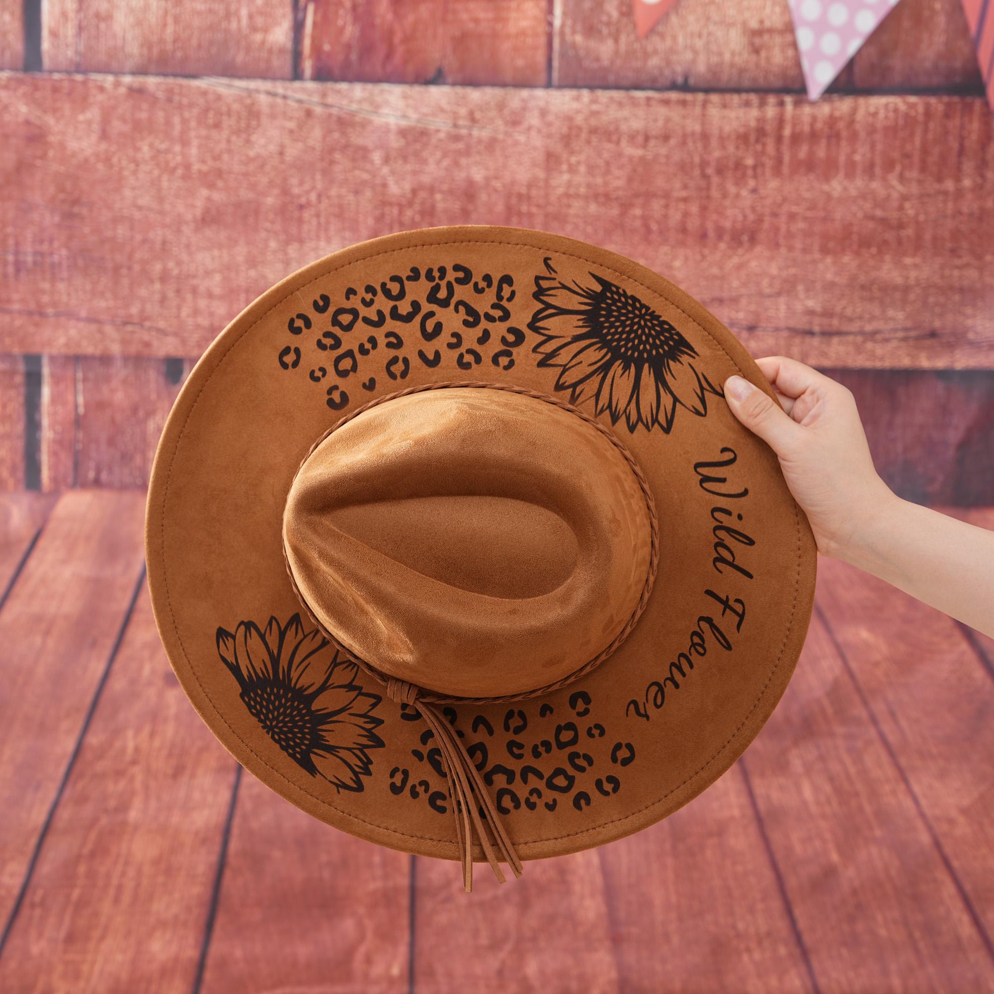 Leopard Print Women\'s Hat with Sunflower Accent Leopard Sunflower Burned Hat, Vegan Suede Men Women Western  main image 4