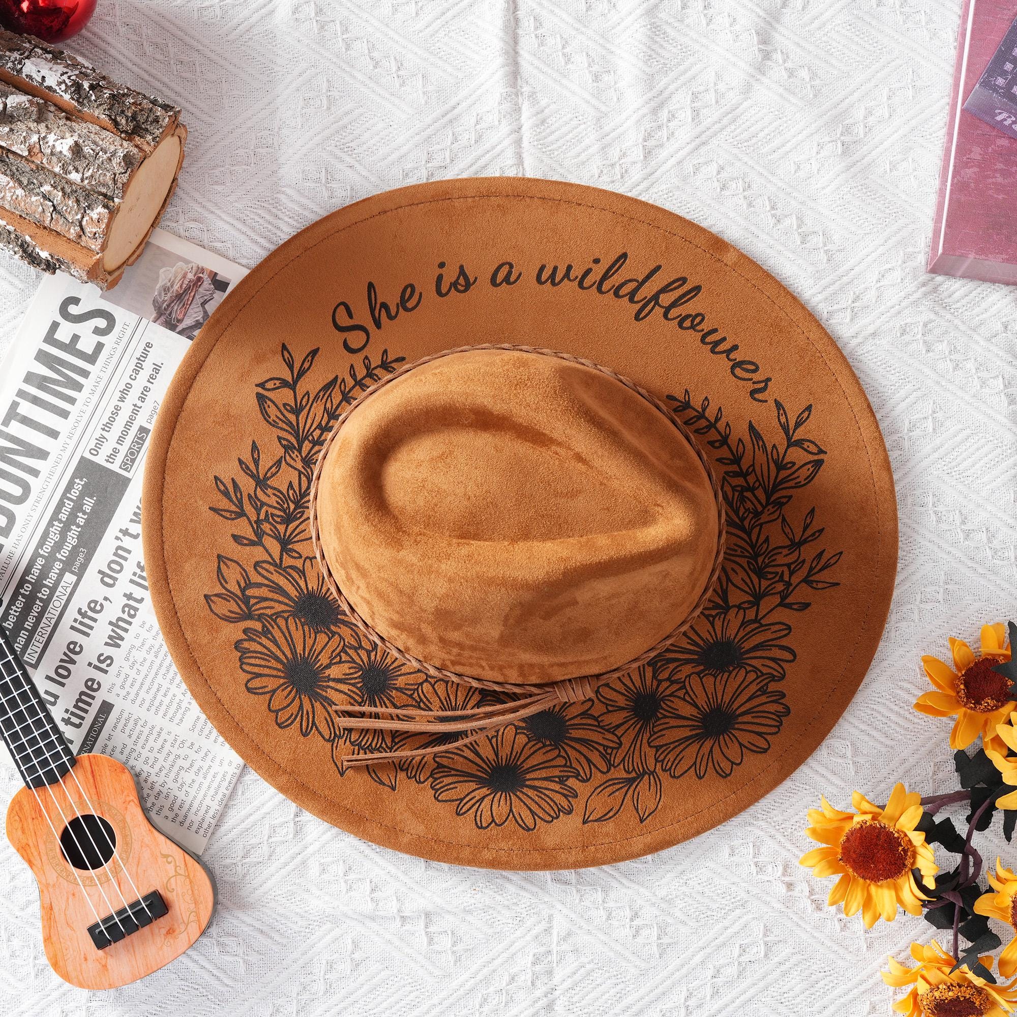 Personalized Vegan Suede Burned Hat,Custom Floral Western Style Cowboy Cowgirl Hats,Fedora Hat, Wide Brim Hat,Gifts for Mother, Hat Gift