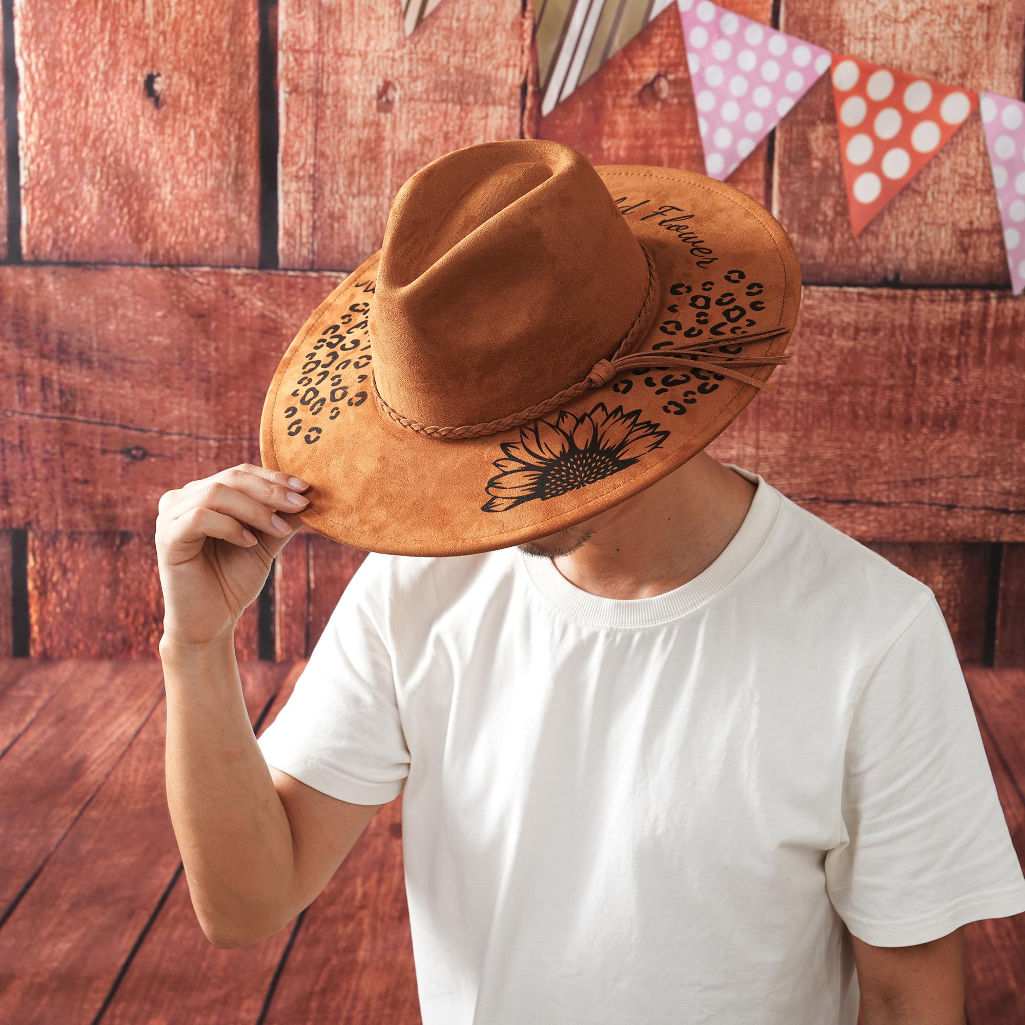Women\'s Orange Sunflower & Leopard Print Wide-Brim Hat Leopard Print Fedora: Hand-burned Sunflower Khaki Hat - Etsy main image 2