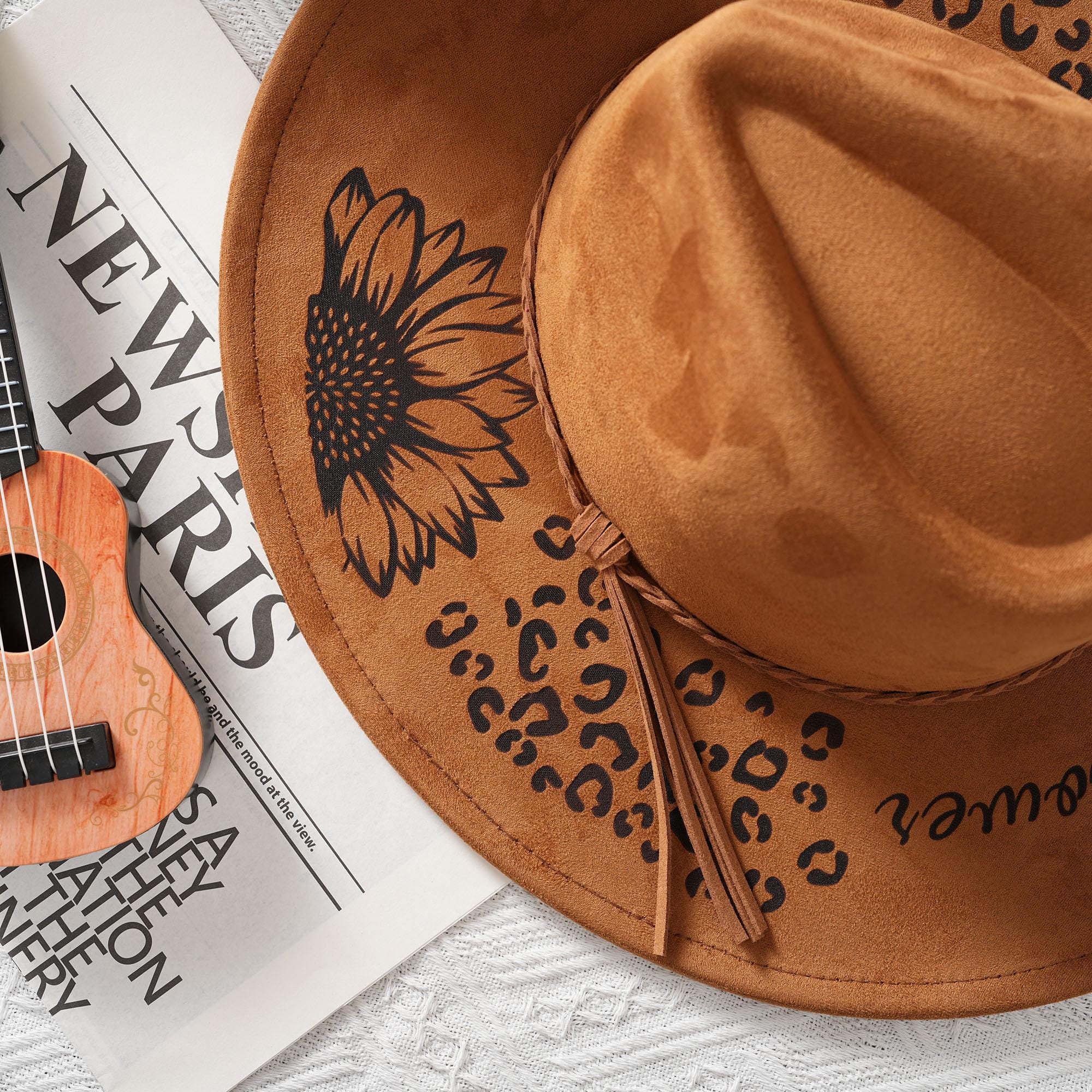 Leopard Sunflower Burned Hat, Vegan Suede Men Women Western  display picture 3