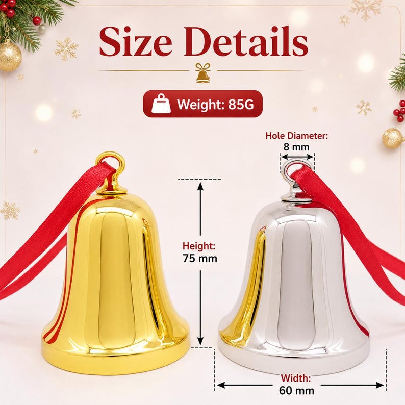 Pode incluir: Dois sinos met&aacute;licos, um dourado e um prateado, cada um com uma fita vermelha. O texto indica Size Details, Weight: 85G, Height: 75 mm, Width: 60 mm e Hole Diameter: 8 mm. Os sinos t&ecirc;m um acabamento liso e refletor.