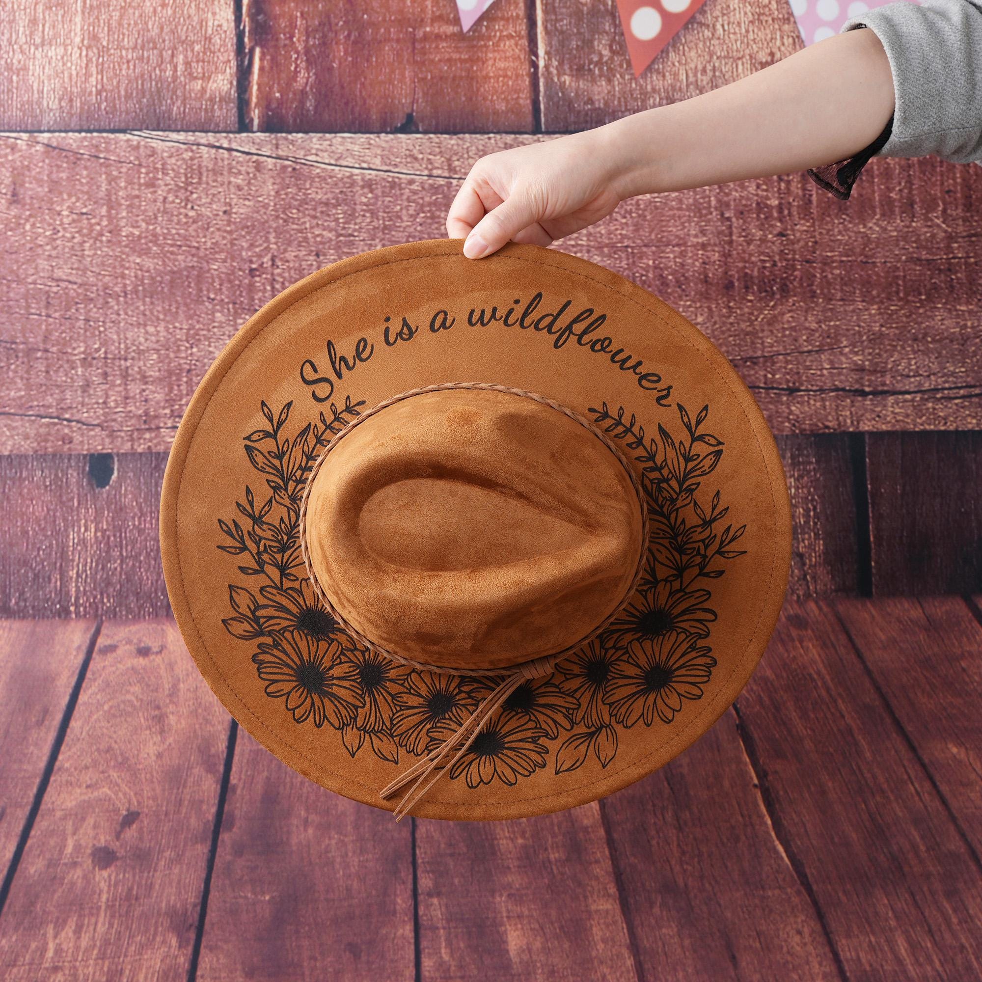 Personalized Vegan Suede Burned Hat,Custom Floral Western Style Cowboy Cowgirl Hats,Fedora Hat, Wide Brim Hat,Gifts for Mother, Hat Gift