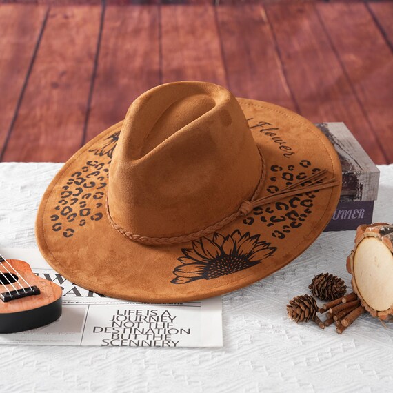 Leopard Sunflower Burned Hat, Vegan Suede Men Women Western  display picture 2