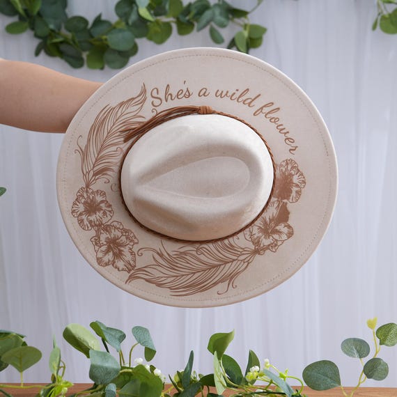 Vegan Suede Burned Hat,She is a wildflower Burning Hat,Custom Text Cowboy Cowgirl Hat,Boho Feather Floral Birthday Gift,Mother's Day Gift