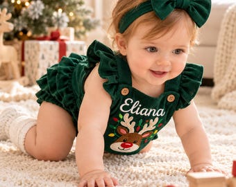 Personalized Baby Romper • Knitted Yarn Name • Reindeer Outfit for First Christmas Photos