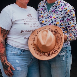 Personalized Vegan Suede Burned Hat, Floral Western Style Cowboy Cowgirl Hats,She is a Wildflower,Fedora Hat, Wide Brim Hat,Gifts for Mother image 8