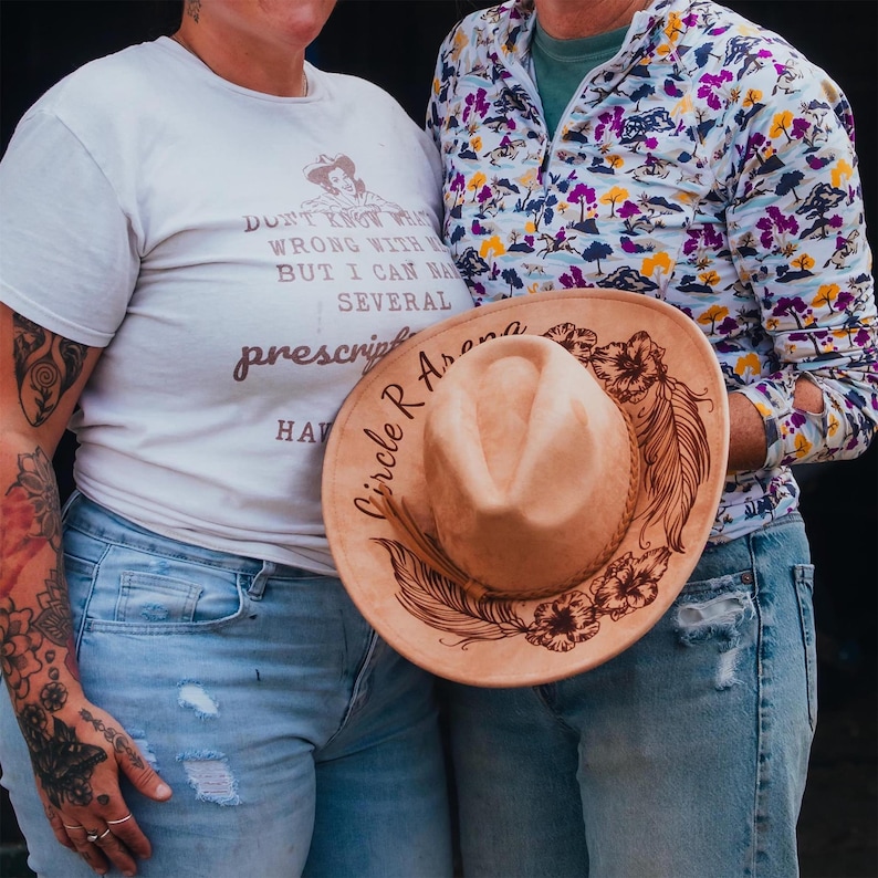 Personalized Vegan Suede Burned Hat, Floral Western Style Cowboy Cowgirl Hats,She is a Wildflower,Fedora Hat, Wide Brim Hat,Gifts for Mother image 8