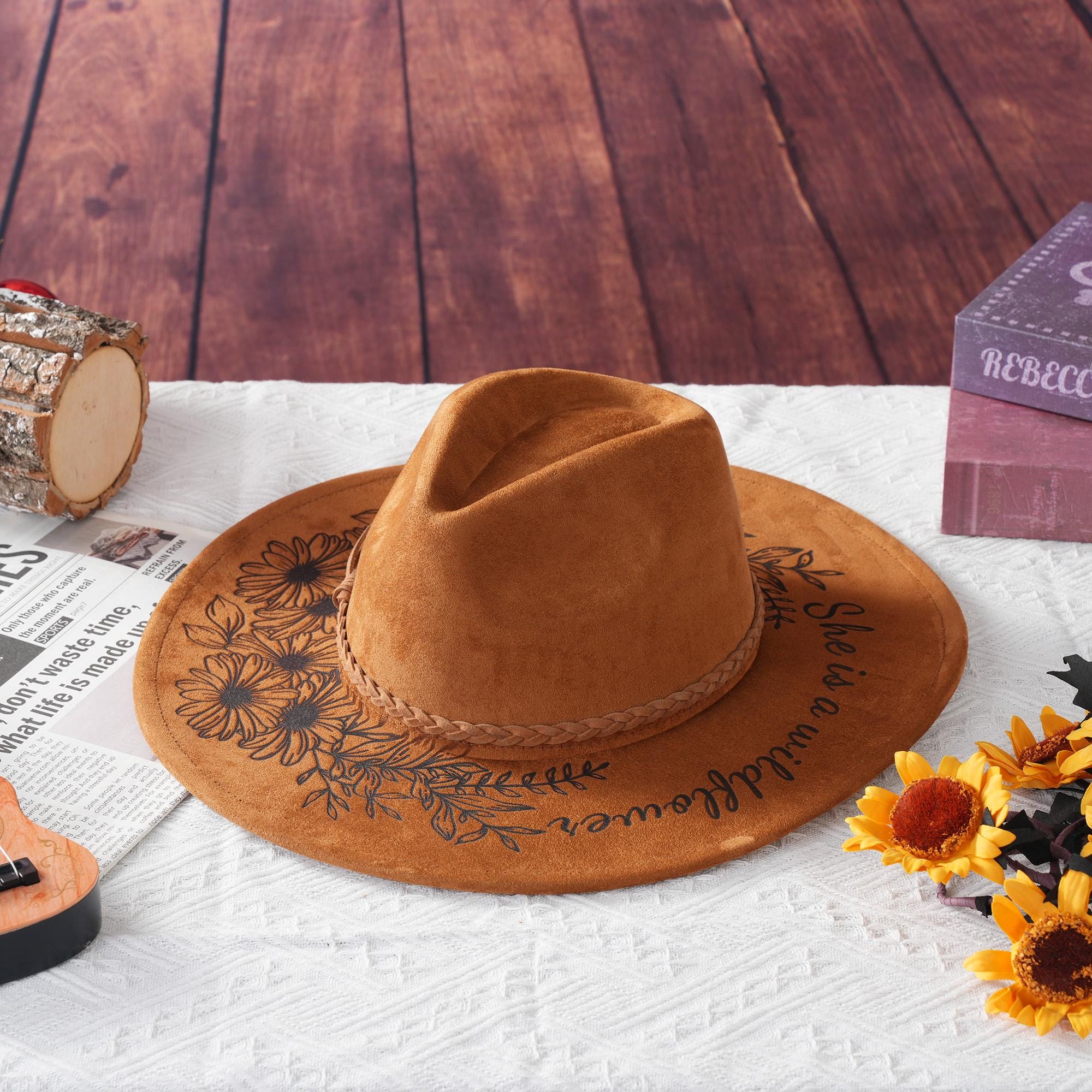 Personalized Vegan Suede Burned Hat,Custom Floral Western Style Cowboy Cowgirl Hats,Fedora Hat, Wide Brim Hat,Gifts for Mother, Hat Gift