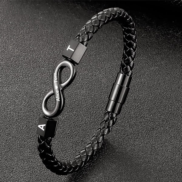 Bracelet à breloques infini personnalisé gravé, bracelet infini personnalisé, bracelet initiale gravée, bracelet pour couple. Cadeaux joncs unisexes