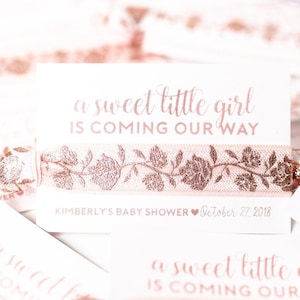 ROSE GOLD Baby Shower Favors | Rose Gold Floral + Blush Pink Baby Girl Shower Favors, Personalized Hair Tie Favors, A Sweet Little Baby Girl