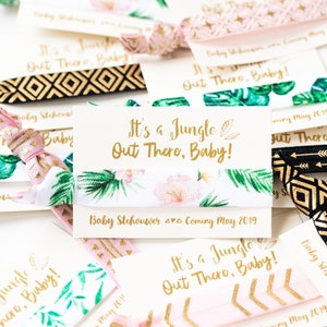 Jungle Safari Baby Shower Favors | Baby Girl Jungle Theme Shower Favors, Palm Leaves + Rose Gold Safari Hair Tie Favors, Tropical Rainforest