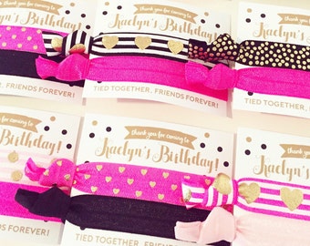Hot Pink, Black + Gold Birthday Party Hair Tie Favors | Pink + Gold Birthday Party Hair Tie Favors, Teen Tween Girls Sleepover Slumper Party