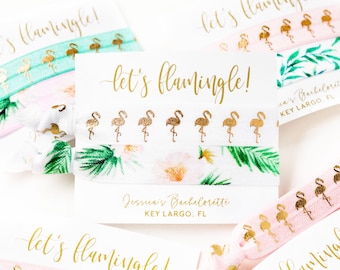 LET'S FLAMINGLE Tropical Bachelorette Favors | Personalized Bachelorette Party Hair Tie Favors, Custom Palm Leaf Flamingo Hair Tie Favor