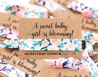 Baby Shower Hair Tie Favors | Peach Floral and Greenery, Baby Girl Shower Favors, Spring Baby Shower, White Gold Blush Peach Green Leaves