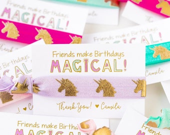 Unicorn Birthday Party Hair Tie Favors | Personalized Unicorn Birthday Hair Tie Favors, Pastel + Gold Girls Rainbow Unicorn Birthday Favor