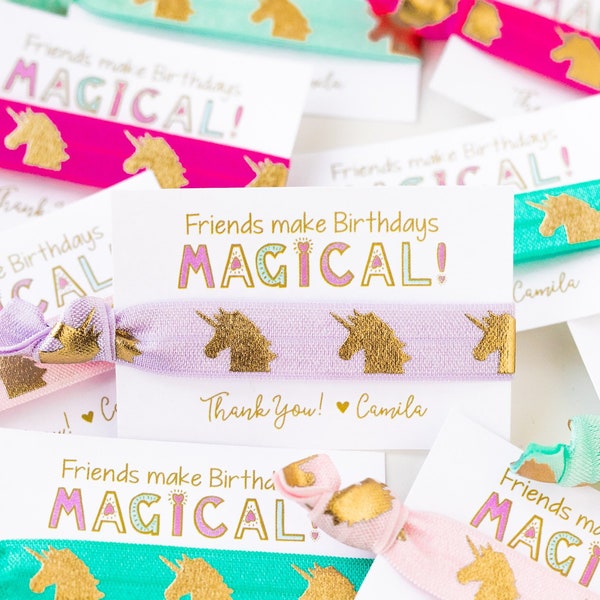 Unicorn Birthday Party Hair Tie Favors | Personalized Unicorn Birthday Hair Tie Favors, Pastel + Gold Girls Rainbow Unicorn Birthday Favor