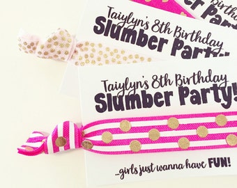 Pink + Gold Birthday Hair Tie Favors | Hot Pink + Gold Birthday Hair Tie Favors, Teen Tween Sleepover Makeover Party, Girly Slumber Party