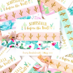 SCOTTSDALE Before the Veil Bachelorette Favor | Personalized Cactus Bachelorette Hair Tie Favors, Watercolor Palm Leaf + Tropical Hair Ties