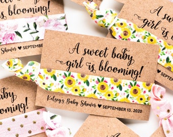 Sunflower Baby Shower Favors | A Sweet Baby Girl is Blooming! Wildflower Daisy Hair Ties, Pink Peony Yellow Shower Gifts, Personalized Favor