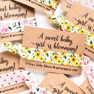 Sunflower Baby Shower Favors | A Sweet Baby Girl is Blooming! Wildflower Daisy Hair Ties, Pink Peony Yellow Shower Gifts, Personalized Favor