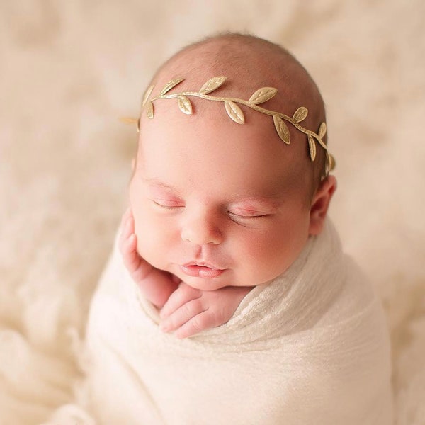 Newborn Gold Leaf Headband | Olive Branch Metallic Headbands for Baby Toddlers Girls for Photography, Gold Newborn Photoshoot Prop Headband