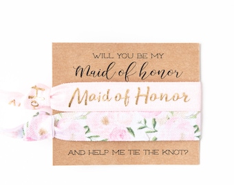 Will You Be My Maid of Honor Hair Tie Gift | Blush Pink White + Gold Hair Tie Bridesmaid Gift, Vintage Floral Bridesmaid Proposal Card Gift