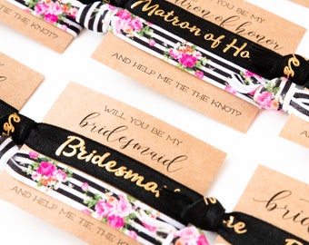 Will You Be My Bridesmaid Hair Tie Gift | Black White + Gold Floral Hair Tie Bridesmaid Gift, Modern Bold Stripes, Maid of Honor Proposal