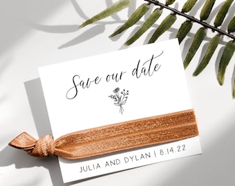 Save the Date Hair Tie Favors | Terracotta Desert Wedding Date Proposal, Burnt Orange Rust Earth Tone Boho Indie Wedding Announcements